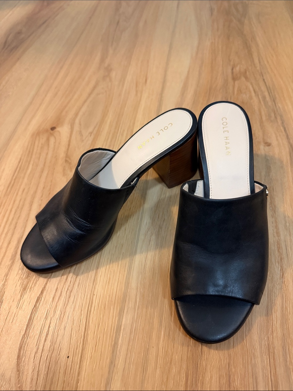 Cole Haan Black Leather Open-Toe Mule Heels with Block Heel